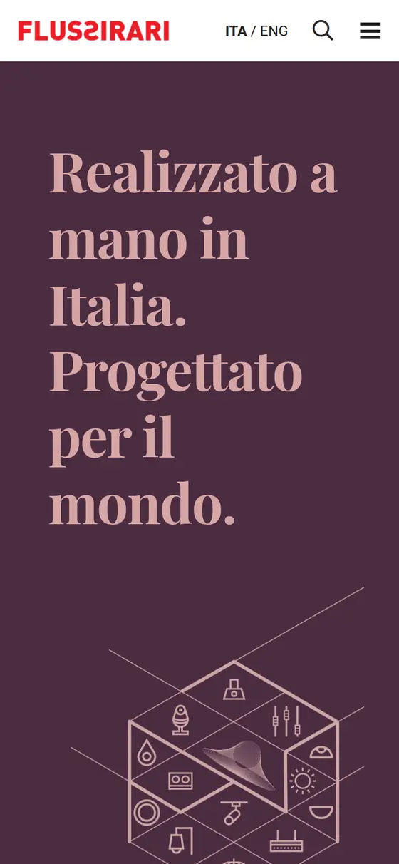 La prima schermata di flussirari.com dal telefono: il marchio, il motto in rosa su prugna e il disegno esagonale delle famiglie