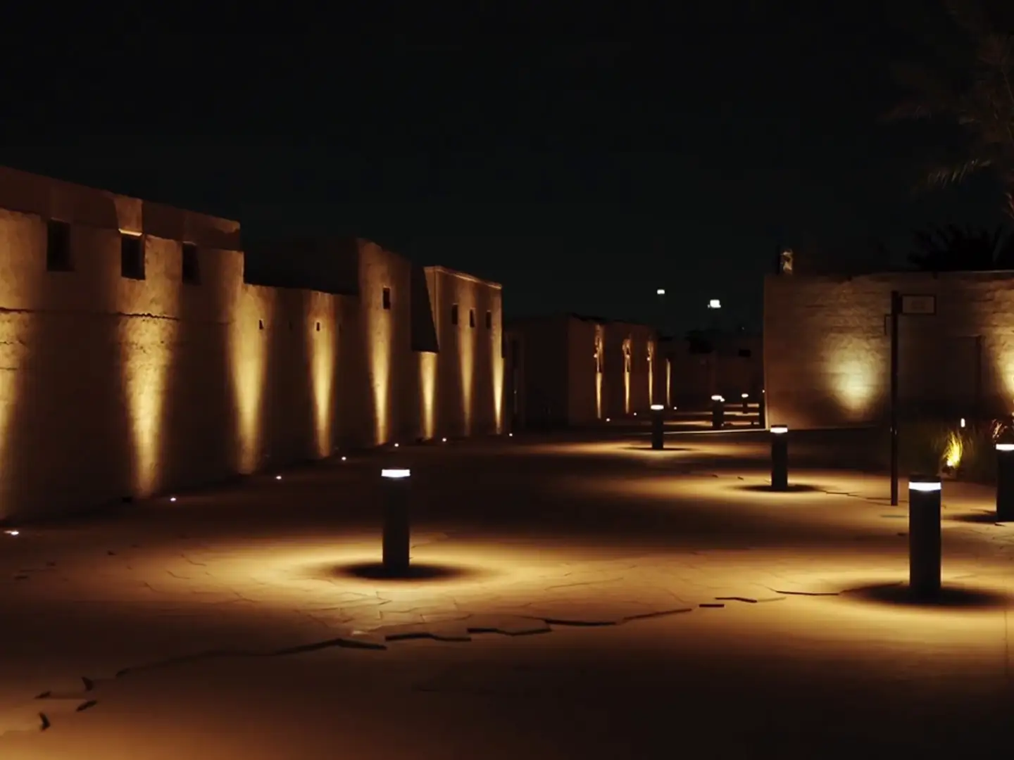 Le mura del villaggio di Al Jazira Al Hamra di notte, radenti di luce dal basso